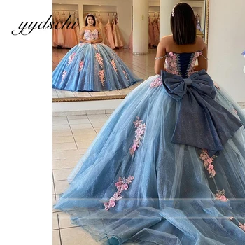 Синята Принцеса С Открити Рамене Апликация Блестящи Буйни Рокли Vestidos De 15 Años Рокля За Рождения Ден 2022 За Момичета Vestidos