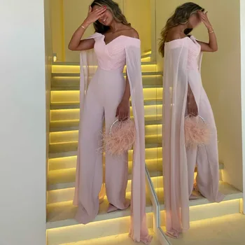Classic Pleated Long Шифон Evening Dresses With Cape فساتين سهرة Prom Dress Floor Length Розовата рокля за бала рокля