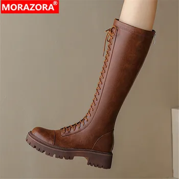 MORAZORA/Новост 2023 г.; Ботуши до Коляното на платформата с появата на шнур; дамски Обувки на средно квадратен ток; Зимни дамски ботуши от естествена кожа