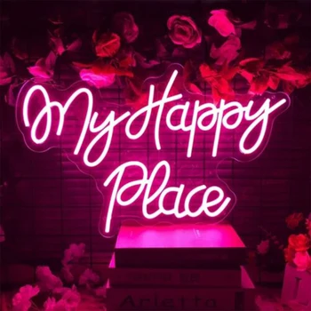 My Happy Place Розова Led Неонова реклама, Домашно Изкуство за Бар, Спални, Детски Стаи, Клубна Игра, Сватба, Рожден Ден, Стенен Декор, Подаръци