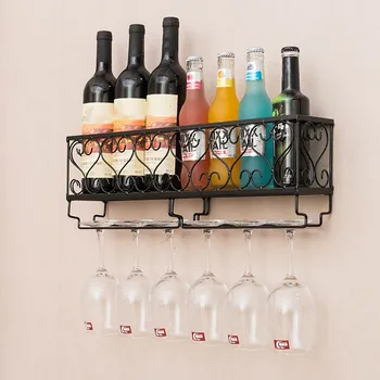 Стенен Iron Вино Багажник Винени Бутилки Стъклени Чаши За Съхранение На Висящи Рафтове Бар Закачалка Полк Вино Рафтове Поставка Притежателя