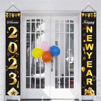 Честита Нова Година 2023 Врата Завесата Куплет За Стенни Суспензии Украса Черно Златист Цвят Коледен Банер Украса Начало Декор