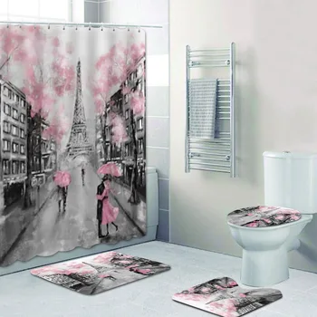 Елегантен Розов Париж Кула Завеси За Душ S Баня Комплект Завеси, 3D Цвете Франция Париж Живопис Подложка За Баня, Килим Изкуството за Домашен интериор