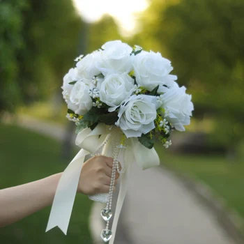 Бял Сватбен Букет За Сватбен Букет Mariage Изкуствени Цветя, Рози Булчински Букети За Шаферките Сватбени Аксесоари
