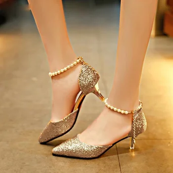 Пикантен дамски обувки на висок ток с остър пръсти и перли, мода отворени сандали с пайети, Тънка Дишащи обувки, Дамски обувки-лодка