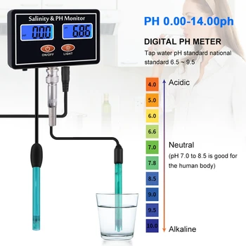 Онлайн Цифров Измерител на Соленост на pH pH Тестер за Качеството на Солена Вода LCD Монитор Соленост на pH в Реално Време за Аквариум с Морска Вода