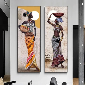 Голям Размер Портрет на Африкански Жени Платно Картина Окачени Плакати и Щампи Стенни Художествени Картини Хол Начало Декор Без Рамка