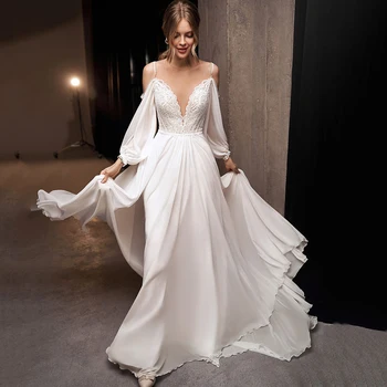 Шифоновые Сватбени рокли за 2022 година, Нова Луксозна Сватбена рокля в пода с Кружевными Апликации, Елегантна Бяла Вечерна рокля с дълъг ръкав