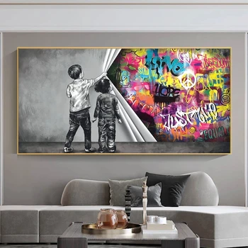 Куадрос Banksy Изкуството Графити Платно Картина Зад Завесата Плакати и Щампи Стенни Художествени Картини за Хола Начало Декор
