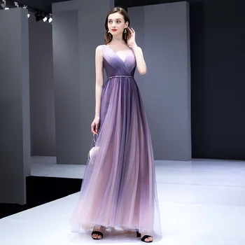 Виолетовият звездното вечерна рокля фантазийные дълги банкетни рокли елегантен наклон на цвят 2020 ново модно вечерна рокля трапецовидна форма, без ръкави