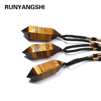 Runyangshi 1 бр. на едро Естествен Камък тигрови очи, кварцов Кристал Шестоъгълен Колона на Формата на Висулка Колие за бижута